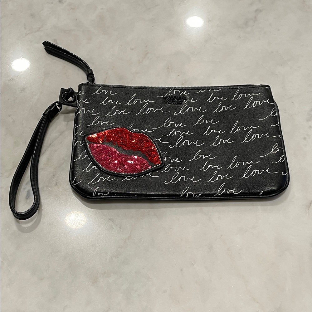 Victoria's Secret Black Wristlet with Pink Sequin Lips